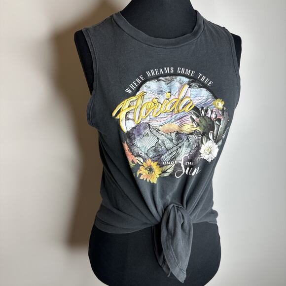 Bershka Florida Cropped Tank Top S Graphic Gray Tie Front Embroidered - Picture 1 of 9